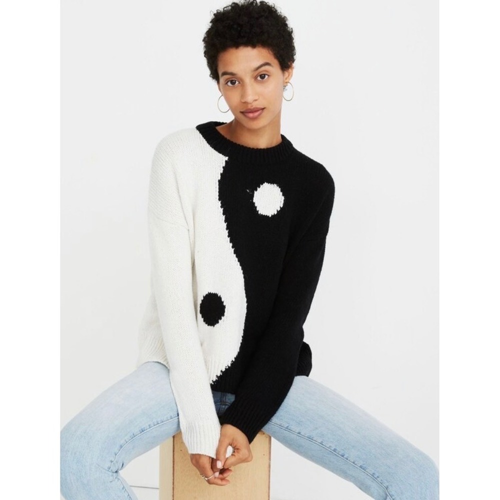 Madewell Sz Small Black White Yin Yang Alpaca Blend Crew Neck Sweater Novelty